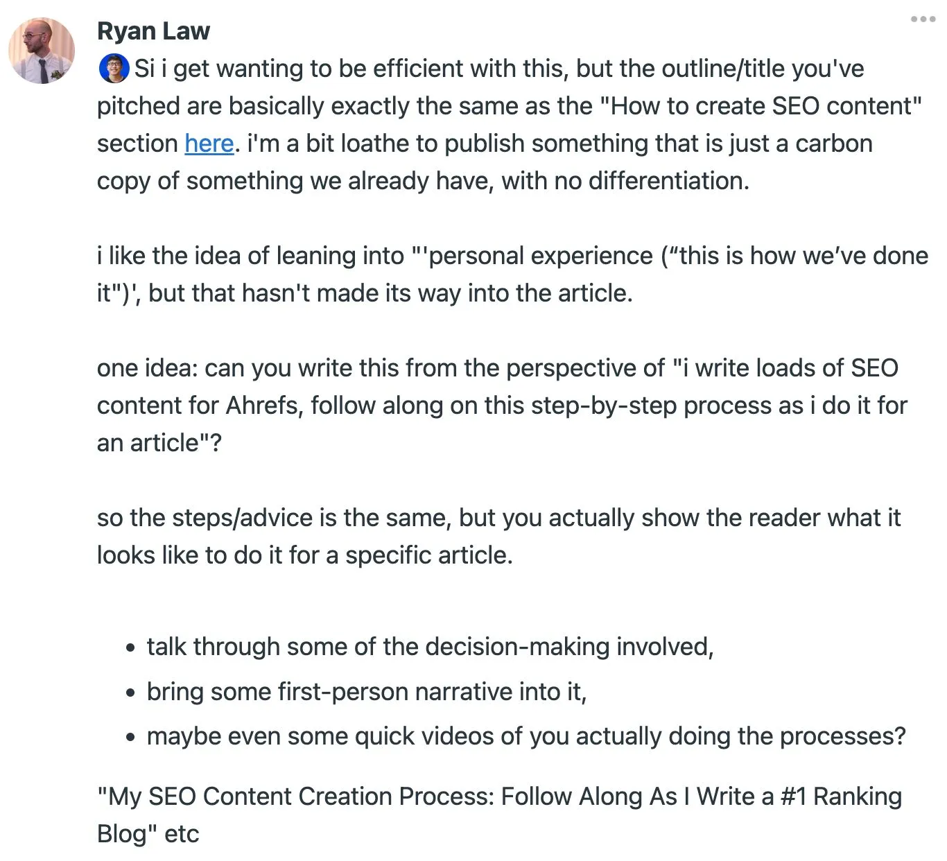 Phản hồi của Ryan Law về dàn ý bài viết