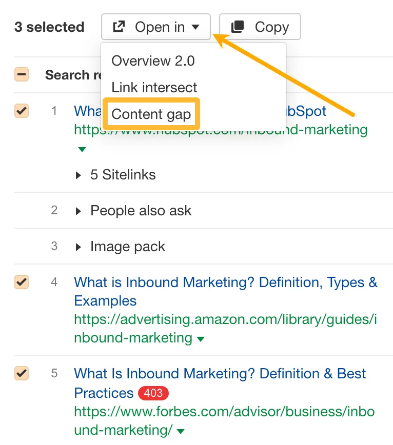 Tính năng mở báo cáo khoảng cách nội dung trong Ahrefs Keywords Explorer